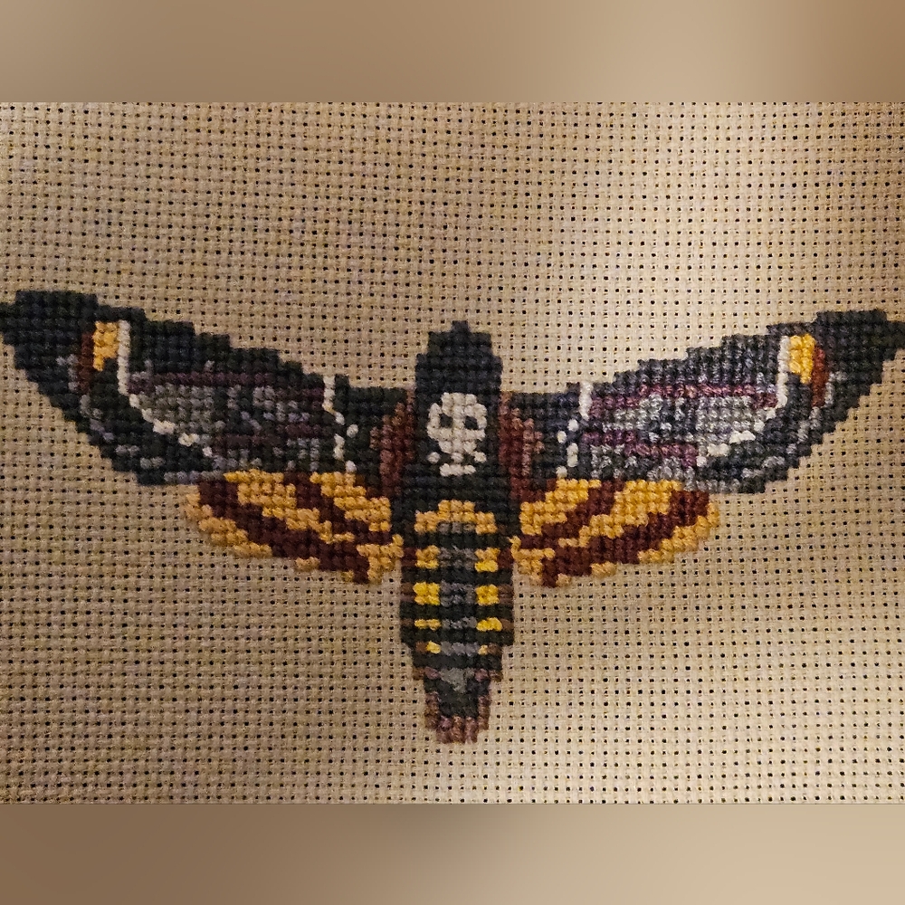 HANDMADE Cross Stitch Death's Head Moth Faux Taxidermy Spooky Insect - Picture 5 of 5